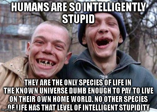 Ugly Twins Meme |  HUMANS ARE SO INTELLIGENTLY STUPID; THEY ARE THE ONLY SPECIES OF LIFE IN THE KNOWN UNIVERSE DUMB ENOUGH TO PAY TO LIVE ON THEIR OWN HOME WORLD. NO OTHER SPECIES OF LIFE HAS THAT LEVEL OF INTELLIGENT STUPIDITY | image tagged in memes,ugly twins | made w/ Imgflip meme maker