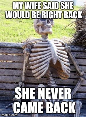 Waiting Skeleton Meme | MY WIFE SAID SHE WOULD BE RIGHT BACK; SHE NEVER CAME BACK | image tagged in memes,waiting skeleton | made w/ Imgflip meme maker