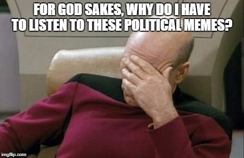 Captain Picard Facepalm | FOR GOD SAKES, WHY DO I HAVE TO LISTEN TO THESE POLITICAL MEMES? | image tagged in memes,captain picard facepalm | made w/ Imgflip meme maker