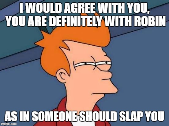 Futurama Fry Meme | I WOULD AGREE WITH YOU, YOU ARE DEFINITELY WITH ROBIN AS IN SOMEONE SHOULD SLAP YOU | image tagged in memes,futurama fry | made w/ Imgflip meme maker
