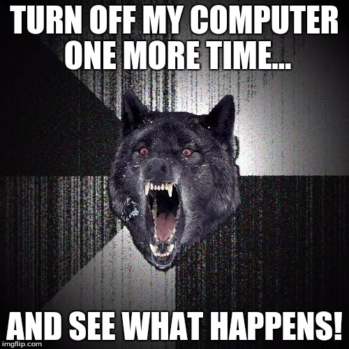 Goddamnit! Quit turning off my computer! | TURN OFF MY COMPUTER ONE MORE TIME... AND SEE WHAT HAPPENS! | image tagged in memes,insanity wolf | made w/ Imgflip meme maker
