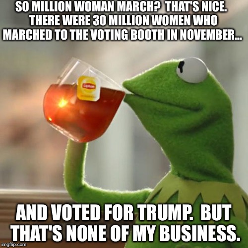 But That's None Of My Business Meme | SO MILLION WOMAN MARCH?  THAT'S NICE.  THERE WERE 30 MILLION WOMEN WHO MARCHED TO THE VOTING BOOTH IN NOVEMBER... AND VOTED FOR TRUMP.  BUT THAT'S NONE OF MY BUSINESS. | image tagged in memes,but thats none of my business,kermit the frog | made w/ Imgflip meme maker