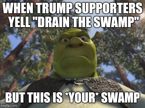 Swampy angry shrek | WHEN TRUMP SUPPORTERS YELL "DRAIN THE SWAMP"; BUT THIS IS *YOUR* SWAMP | image tagged in swampy angry shrek | made w/ Imgflip meme maker