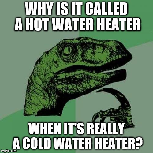 Philosoraptor | WHY IS IT CALLED A HOT WATER HEATER; WHEN IT'S REALLY A COLD WATER HEATER? | image tagged in memes,philosoraptor | made w/ Imgflip meme maker