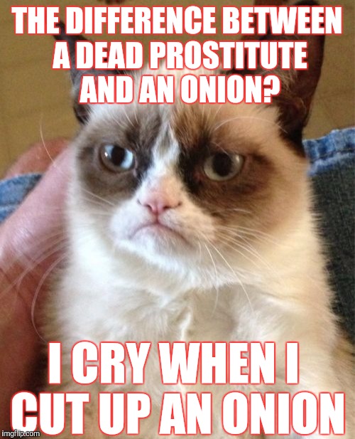 Grumpy Cat Meme | THE DIFFERENCE BETWEEN A DEAD PROSTITUTE AND AN ONION? I CRY WHEN I CUT UP AN ONION | image tagged in memes,grumpy cat | made w/ Imgflip meme maker