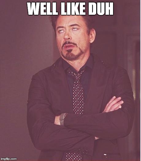 Face You Make Robert Downey Jr Meme | WELL LIKE DUH | image tagged in memes,face you make robert downey jr | made w/ Imgflip meme maker