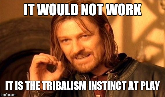 One Does Not Simply Meme | IT WOULD NOT WORK IT IS THE TRIBALISM INSTINCT AT PLAY | image tagged in memes,one does not simply | made w/ Imgflip meme maker