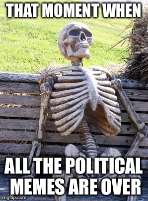 Waiting Skeleton | THAT MOMENT WHEN; ALL THE POLITICAL MEMES ARE OVER | image tagged in memes,waiting skeleton | made w/ Imgflip meme maker