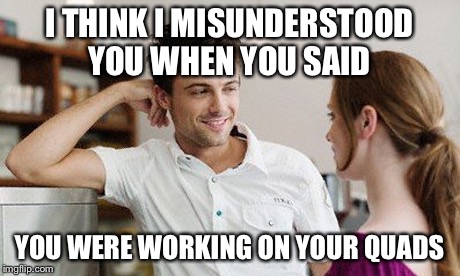 Flirt | I THINK I MISUNDERSTOOD YOU WHEN YOU SAID; YOU WERE WORKING ON YOUR QUADS | image tagged in flirt | made w/ Imgflip meme maker