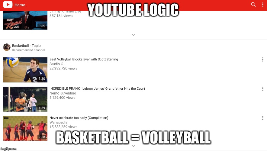 YOUTUBE LOGIC; BASKETBALL = VOLLEYBALL | image tagged in memes,fail | made w/ Imgflip meme maker