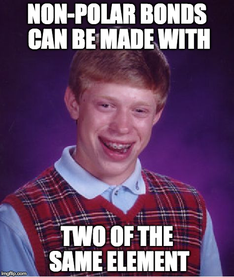 Bad Luck Brian Meme | NON-POLAR BONDS CAN BE MADE WITH; TWO OF THE SAME ELEMENT | image tagged in memes,bad luck brian | made w/ Imgflip meme maker