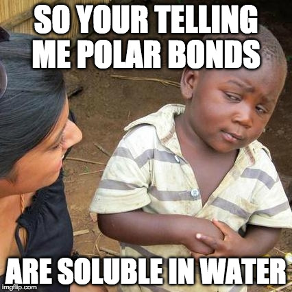 Third World Skeptical Kid Meme | SO YOUR TELLING ME POLAR BONDS; ARE SOLUBLE IN WATER | image tagged in memes,third world skeptical kid | made w/ Imgflip meme maker