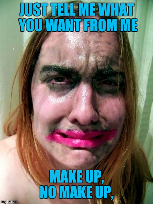 JUST TELL ME WHAT YOU WANT FROM ME MAKE UP, NO MAKE UP, | made w/ Imgflip meme maker