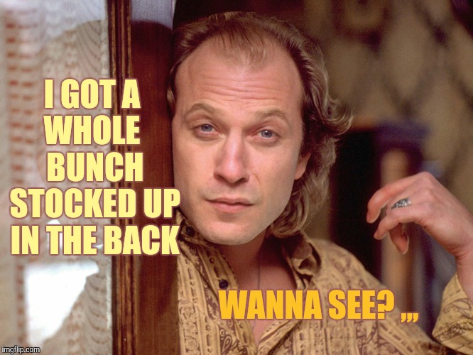 Buffalo Bill Invites You In,,, | I GOT A  WHOLE     BUNCH   STOCKED UP IN THE BACK WANNA SEE? ,,, | image tagged in buffalo bill invites you in   | made w/ Imgflip meme maker