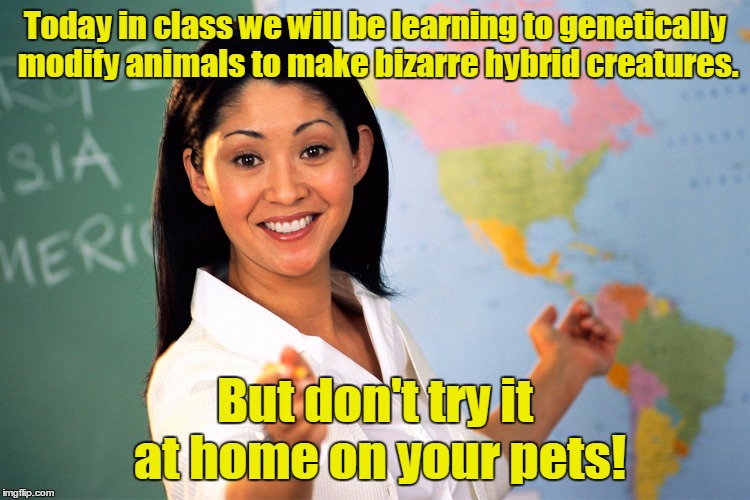 Today in class we will be learning to genetically modify animals to make bizarre hybrid creatures. But don't try it at home on your pets! | made w/ Imgflip meme maker