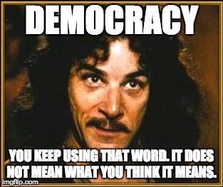 princess bride | DEMOCRACY; YOU KEEP USING THAT WORD. IT DOES NOT MEAN WHAT YOU THINK IT MEANS. | image tagged in princess bride | made w/ Imgflip meme maker