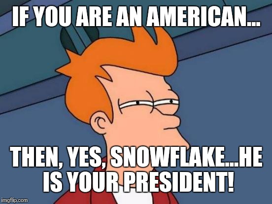 Futurama Fry Meme | IF YOU ARE AN AMERICAN... THEN, YES, SNOWFLAKE...HE IS YOUR PRESIDENT! | image tagged in memes,futurama fry | made w/ Imgflip meme maker