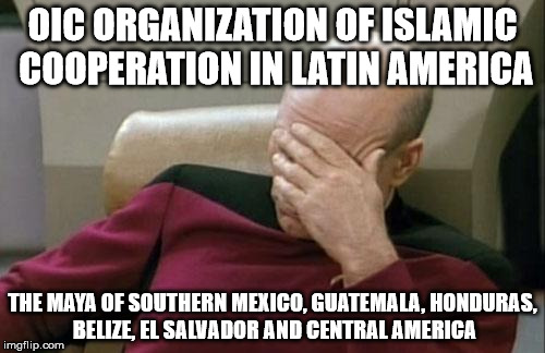 Captain Picard Facepalm Meme | OIC ORGANIZATION OF ISLAMIC COOPERATION IN LATIN AMERICA; THE MAYA OF SOUTHERN MEXICO, GUATEMALA, HONDURAS, BELIZE, EL SALVADOR AND CENTRAL AMERICA | image tagged in memes,captain picard facepalm | made w/ Imgflip meme maker