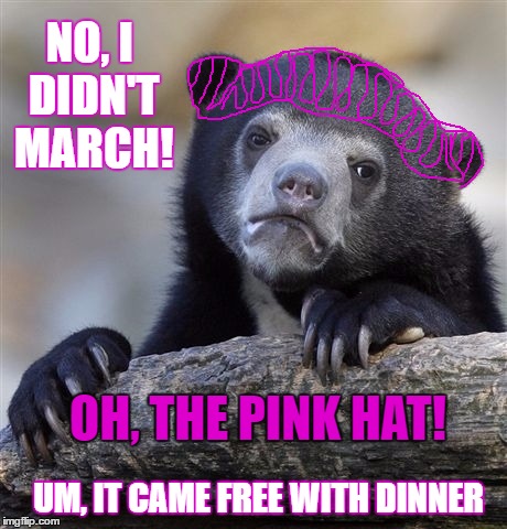 Confession Bear | NO, I DIDN'T MARCH! OH, THE PINK HAT! UM, IT CAME FREE WITH DINNER | image tagged in memes,confession bear | made w/ Imgflip meme maker