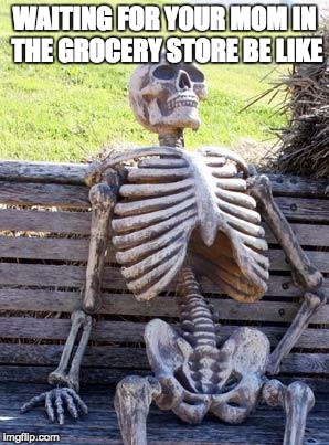 Waiting Skeleton Meme | WAITING FOR YOUR MOM IN THE GROCERY STORE BE LIKE | image tagged in memes,waiting skeleton | made w/ Imgflip meme maker