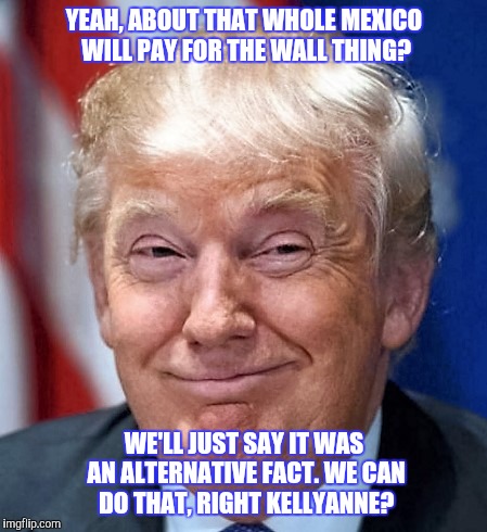 YEAH, ABOUT THAT WHOLE MEXICO WILL PAY FOR THE WALL THING? WE'LL JUST SAY IT WAS AN ALTERNATIVE FACT. WE CAN DO THAT, RIGHT KELLYANNE? | image tagged in donald trump | made w/ Imgflip meme maker