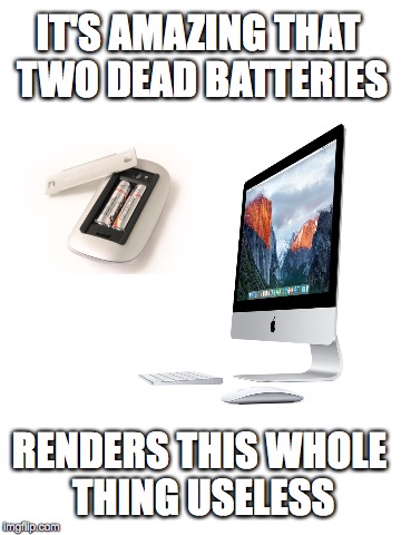 What the hell is wrong with my $2,000. computer? oh, $2. batteries (eyeroll) | IT'S AMAZING THAT TWO DEAD BATTERIES; RENDERS THIS WHOLE THING USELESS | image tagged in mouse,batteries,computer,useless | made w/ Imgflip meme maker