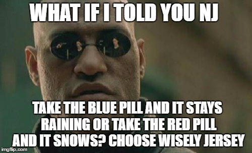 new jersey memory page creations | WHAT IF I TOLD YOU NJ; TAKE THE BLUE PILL AND IT STAYS RAINING OR TAKE THE RED PILL AND IT SNOWS? CHOOSE WISELY JERSEY | image tagged in memes,matrix morpheus,new jersey memory page,lisa payne,u r home | made w/ Imgflip meme maker