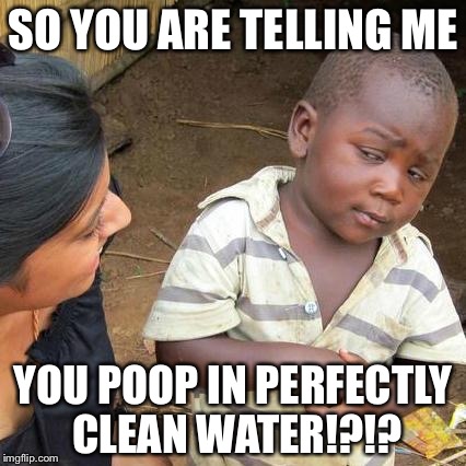 Third World Skeptical Kid Meme | SO YOU ARE TELLING ME; YOU POOP IN PERFECTLY CLEAN WATER!?!? | image tagged in memes,third world skeptical kid | made w/ Imgflip meme maker