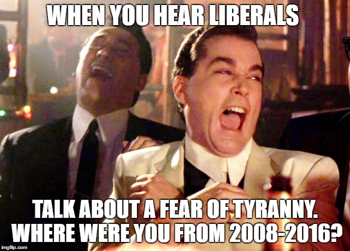 liberals and tyranny | WHEN YOU HEAR LIBERALS; TALK ABOUT A FEAR OF TYRANNY. WHERE WERE YOU FROM 2008-2016? | image tagged in memes,good fellas hilarious,liberals,tyranny,trump | made w/ Imgflip meme maker