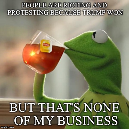 But That's None Of My Business Meme | PEOPLE ARE RIOTING AND PROTESTING BECAUSE TRUMP WON; BUT THAT'S NONE OF MY BUSINESS | image tagged in memes,but thats none of my business,kermit the frog | made w/ Imgflip meme maker