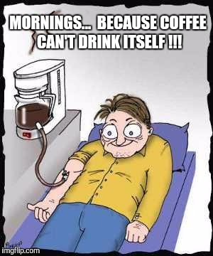 Coffee addict | MORNINGS...  BECAUSE COFFEE CAN'T DRINK ITSELF !!! | image tagged in coffee addict | made w/ Imgflip meme maker