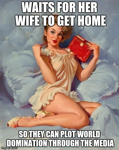 Pulp art woman | WAITS FOR HER WIFE TO GET HOME SO THEY CAN PLOT WORLD DOMINATION THROUGH THE MEDIA | image tagged in pulp art woman | made w/ Imgflip meme maker