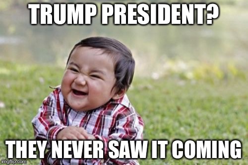 Evil Toddler Meme | TRUMP PRESIDENT? THEY NEVER SAW IT COMING | image tagged in memes,evil toddler | made w/ Imgflip meme maker