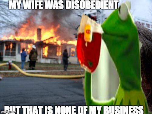 Disaster Girl | MY WIFE WAS DISOBEDIENT; BUT THAT IS NONE OF MY BUSINESS | image tagged in memes,disaster girl | made w/ Imgflip meme maker