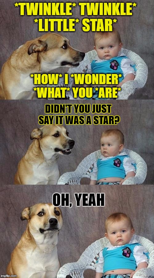 Dad Joke Dog Meme |  *TWINKLE* TWINKLE* *LITTLE* STAR*; *HOW* I *WONDER* *WHAT* YOU *ARE*; DIDN'T YOU JUST SAY IT WAS A STAR? OH, YEAH | image tagged in memes,dad joke dog | made w/ Imgflip meme maker