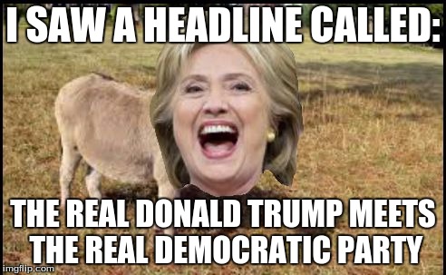 The Real Democratic Party | I SAW A HEADLINE CALLED:; THE REAL DONALD TRUMP MEETS THE REAL DEMOCRATIC PARTY | image tagged in hillary clinton the donkey,memes,politics | made w/ Imgflip meme maker
