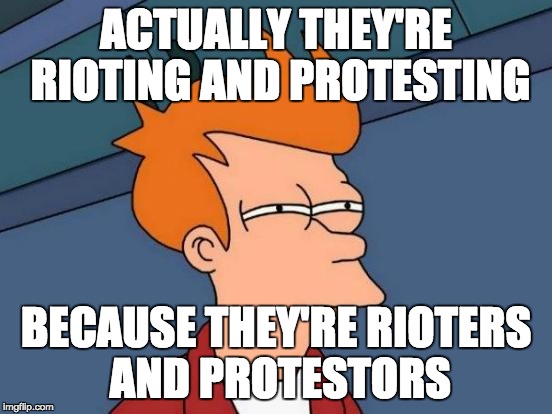 Futurama Fry Meme | ACTUALLY THEY'RE RIOTING AND PROTESTING BECAUSE THEY'RE RIOTERS AND PROTESTORS | image tagged in memes,futurama fry | made w/ Imgflip meme maker