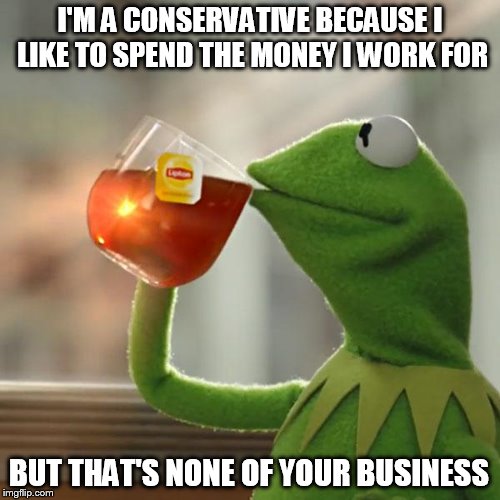 But That's None Of My Business Meme | I'M A CONSERVATIVE BECAUSE I LIKE TO SPEND THE MONEY I WORK FOR; BUT THAT'S NONE OF YOUR BUSINESS | image tagged in memes,but thats none of my business,kermit the frog | made w/ Imgflip meme maker