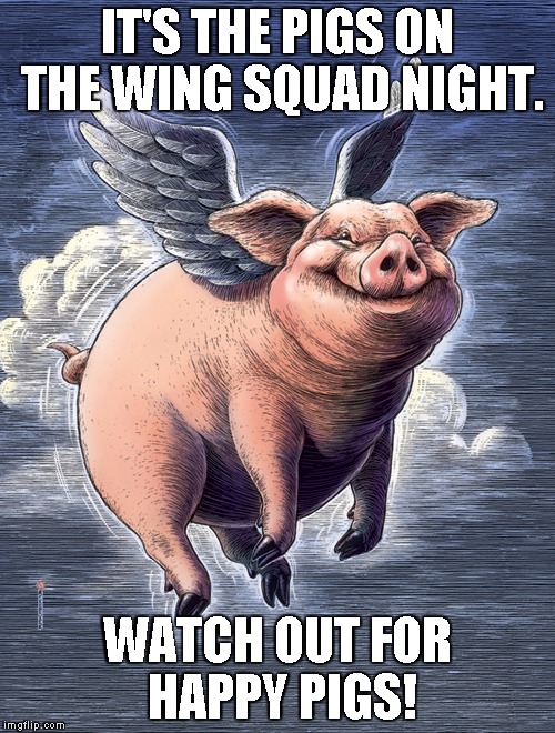 IT'S THE PIGS ON THE WING SQUAD NIGHT. WATCH OUT FOR HAPPY PIGS! | made w/ Imgflip meme maker