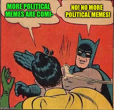 No! No more! | MORE POLITICAL MEMES ARE COMI-; NO! NO MORE  POLITICAL MEMES! | image tagged in memes,batman slapping robin,political memes,i'm still here,memers block,funny | made w/ Imgflip meme maker