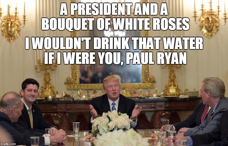 A PRESIDENT AND A BOUQUET OF WHITE ROSES; I WOULDN'T DRINK THAT WATER IF I WERE YOU, PAUL RYAN | image tagged in memes,politics,political meme,political,funny memes | made w/ Imgflip meme maker