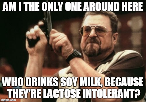 AM I THE ONLY ONE AROUND HERE WHO DRINKS SOY MILK, BECAUSE THEY'RE LACTOSE INTOLERANT? | image tagged in memes,am i the only one around here | made w/ Imgflip meme maker