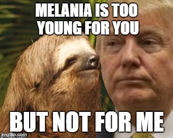 Political advice sloth | MELANIA IS TOO YOUNG FOR YOU; BUT NOT FOR ME | image tagged in political advice sloth,memes,melania trump | made w/ Imgflip meme maker