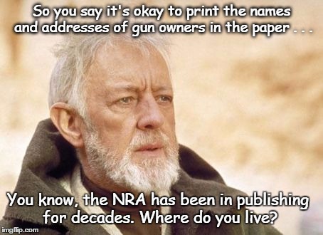 1st amendment harrassment | So you say it's okay to print the names and addresses of gun owners in the paper . . . You know, the NRA has been in publishing for decades. Where do you live? | image tagged in memes,obi wan kenobi,nra,guns | made w/ Imgflip meme maker