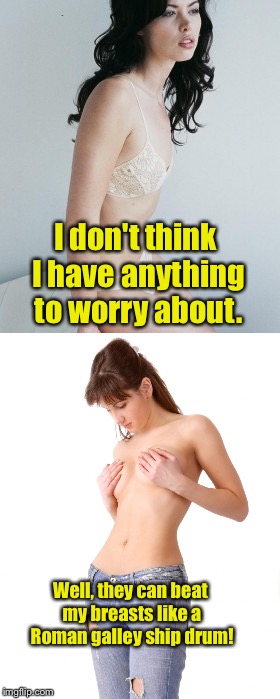 I don't think I have anything to worry about. Well, they can beat my breasts like a Roman galley ship drum! | made w/ Imgflip meme maker