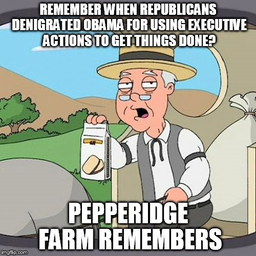 Pepperidge Farm Remembers | REMEMBER WHEN REPUBLICANS DENIGRATED OBAMA FOR USING EXECUTIVE ACTIONS TO GET THINGS DONE? PEPPERIDGE FARM REMEMBERS | image tagged in memes,pepperidge farm remembers | made w/ Imgflip meme maker