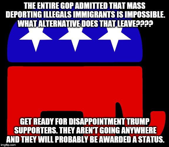 Republicans | THE ENTIRE GOP ADMITTED THAT MASS DEPORTING ILLEGALS IMMIGRANTS IS IMPOSSIBLE. WHAT ALTERNATIVE DOES THAT LEAVE???? GET READY FOR DISAPPOINTMENT TRUMP SUPPORTERS. THEY AREN'T GOING ANYWHERE AND THEY WILL PROBABLY BE AWARDED A STATUS. | image tagged in republicans | made w/ Imgflip meme maker