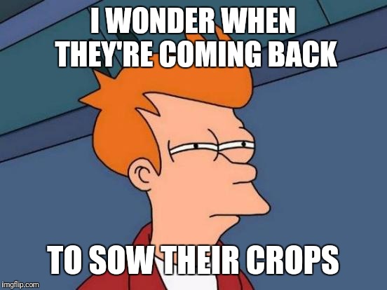 Futurama Fry Meme | I WONDER WHEN THEY'RE COMING BACK TO SOW THEIR CROPS | image tagged in memes,futurama fry | made w/ Imgflip meme maker