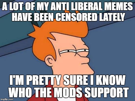 Futurama Fry | A LOT OF MY ANTI LIBERAL MEMES HAVE BEEN CENSORED LATELY; I'M PRETTY SURE I KNOW WHO THE MODS SUPPORT | image tagged in memes,futurama fry | made w/ Imgflip meme maker