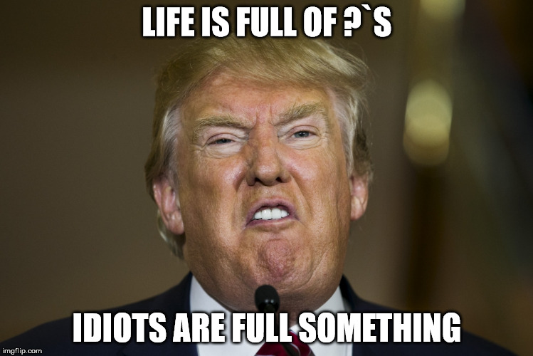 my political views | LIFE IS FULL OF ?`S; IDIOTS ARE FULL SOMETHING | image tagged in donald trump derp | made w/ Imgflip meme maker